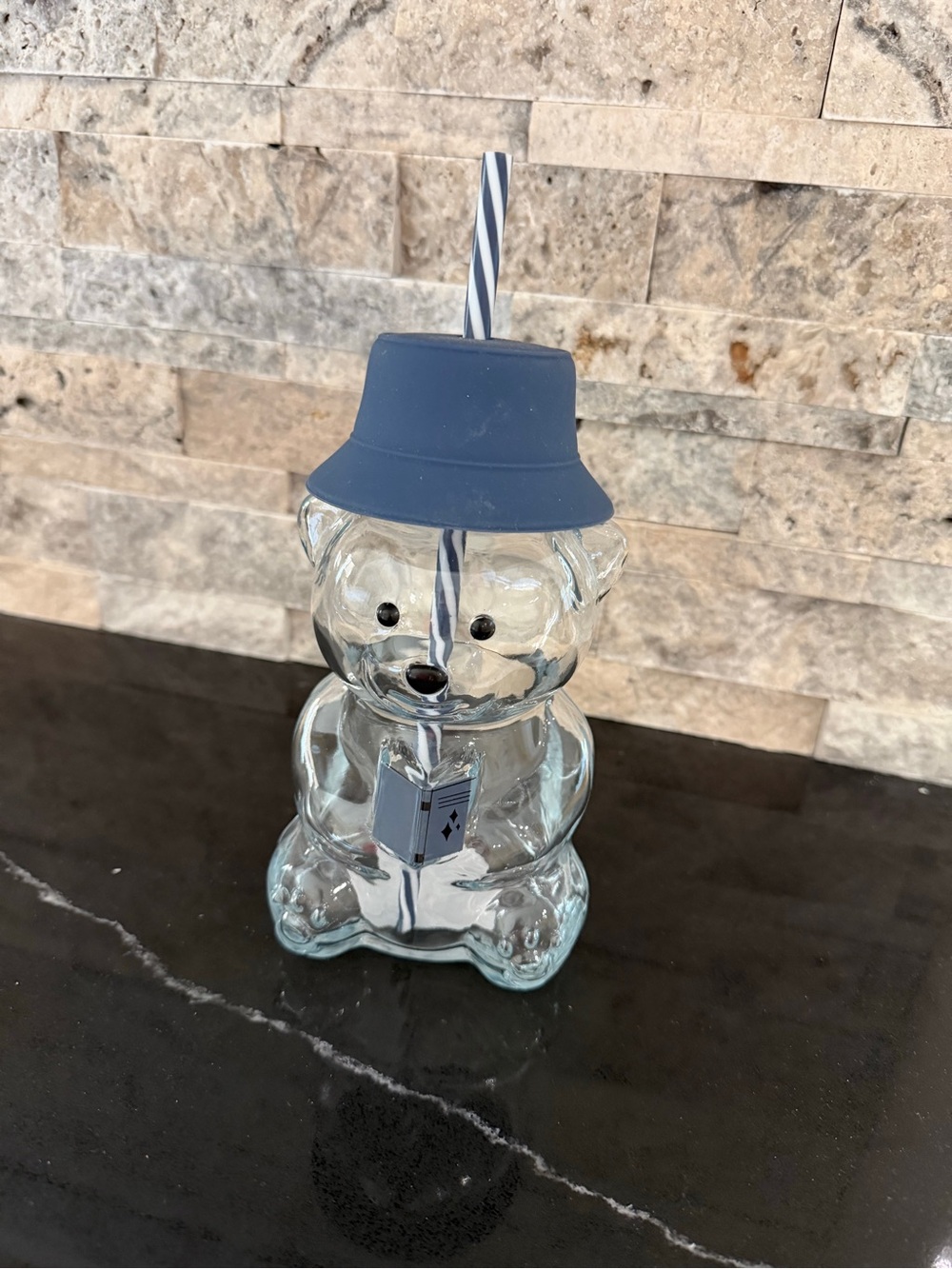 Glass Bear Tumbler with Blue Silicone Hat Lid and Striped Straw